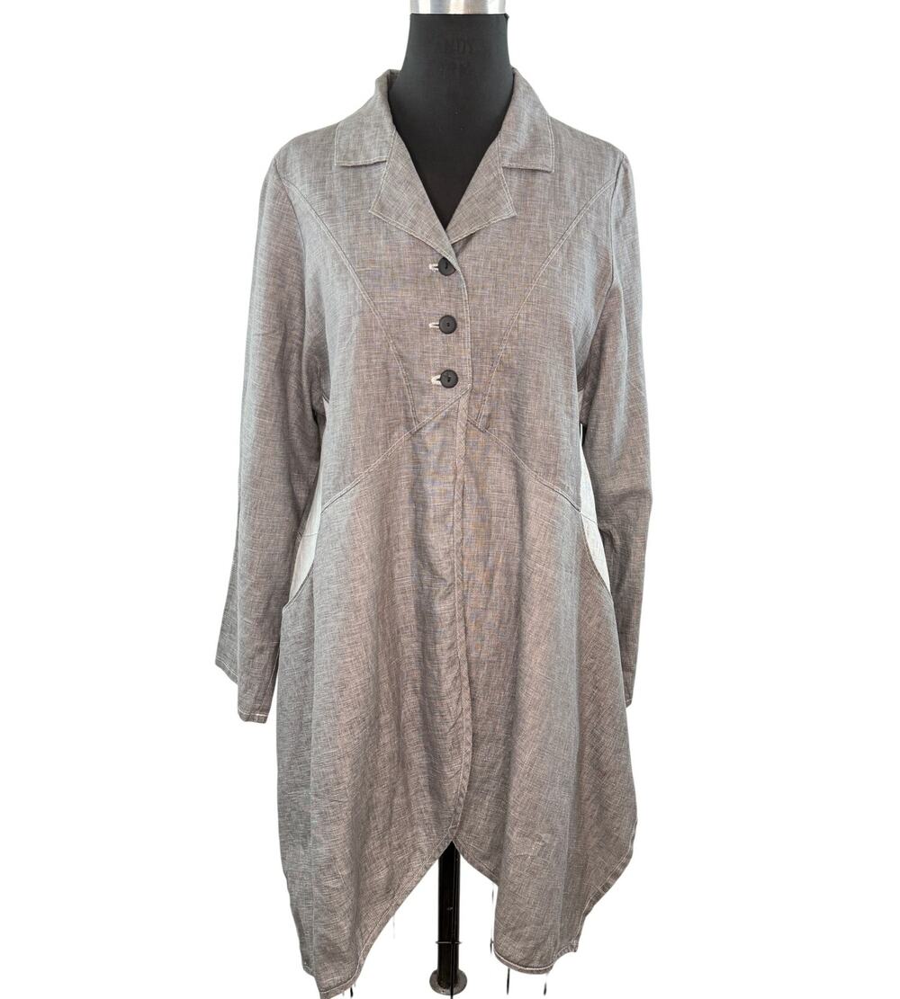 Cynthia Ashby Gray Jacket Linen Lagenlook Notch Lapel Asymmetric Hem S Small